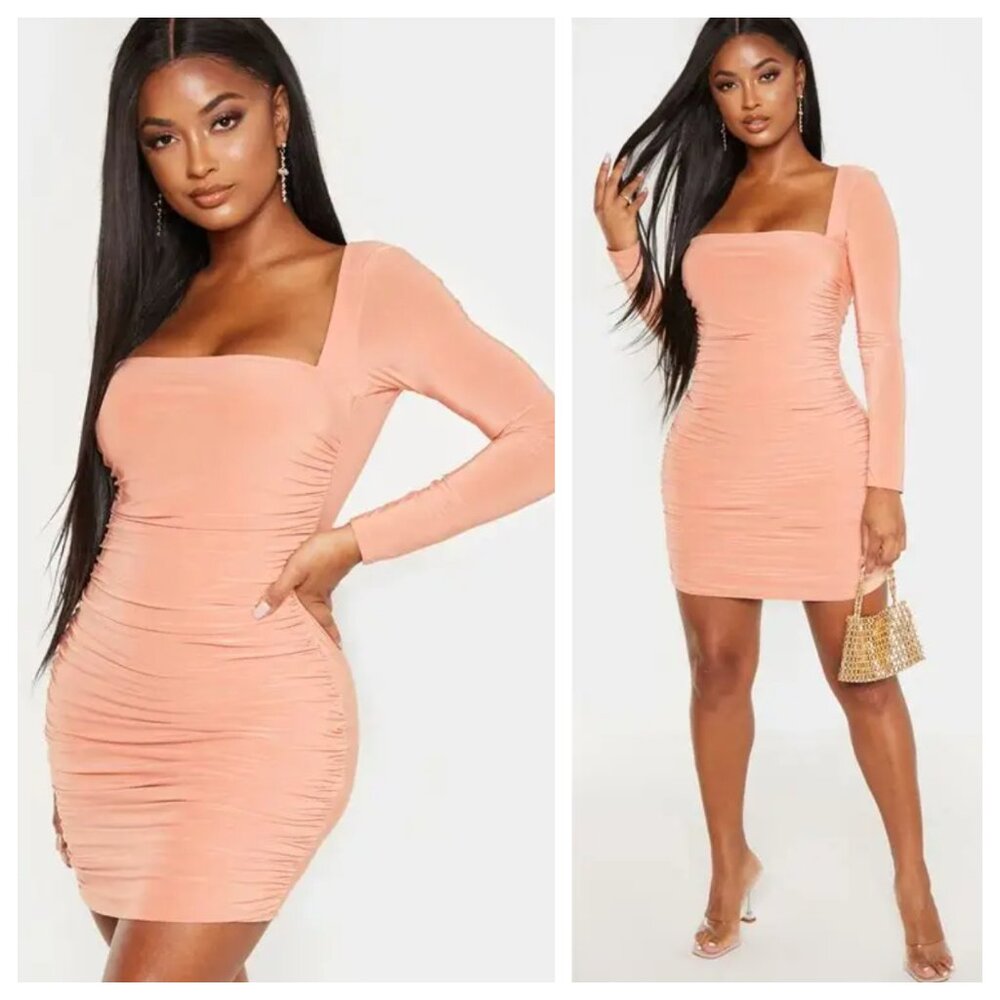 PLT Coral Peach Slinky Square Neck Ruched Long Sleeve Bodycon Mini Dress
